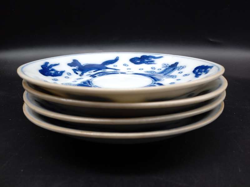 Antique! Japanese - Blue and White - Horses - Set of 4 Saucers