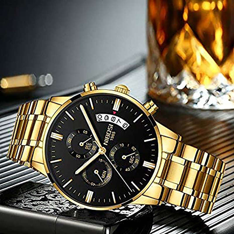 Nibosi - Golden Stainless Steel Analog Quartz Men's Watch With Black Dial