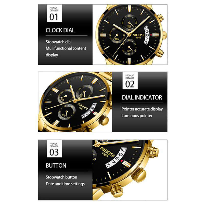 Nibosi - Golden Stainless Steel Analog Quartz Men's Watch With Black Dial