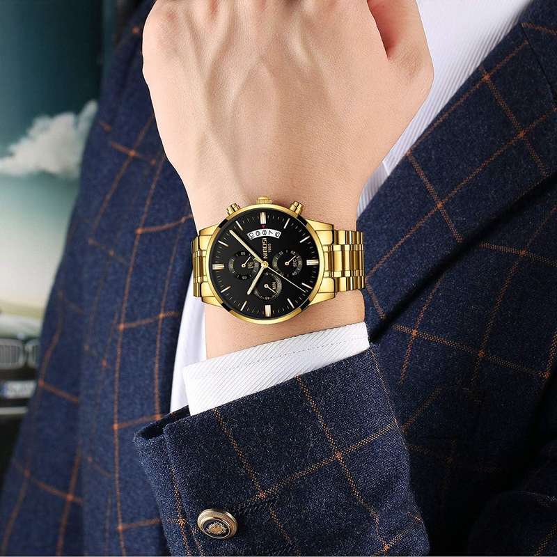 Nibosi - Golden Stainless Steel Analog Quartz Men's Watch With Black Dial