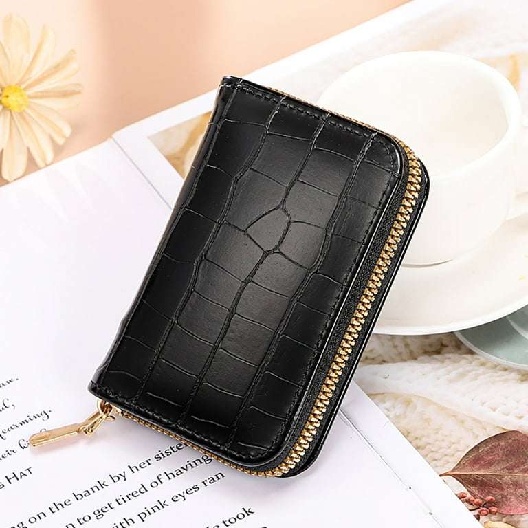 Women PU Leather Crocodile Wallet Business Zipper Holder Handbag (Black)
