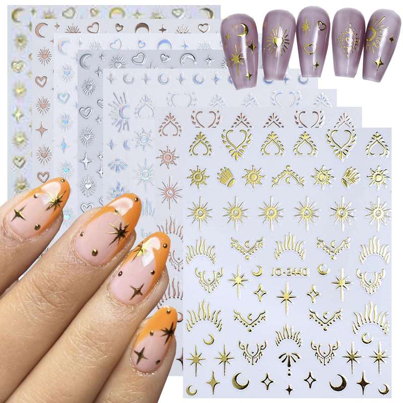 6 Sheets Bohemian Theme Nail Art Stickers  DIY Star, Moon, Heart & Pattern Designs