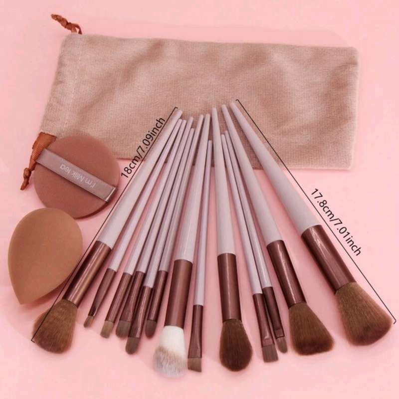 13pcs Makeup Brush Set + 2pcs Brown Makeup Sponges