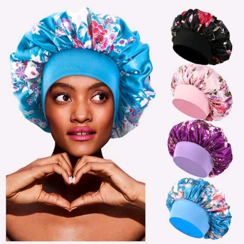 Women 4Pcs Satin Fabric Bonnet Silk Night Sleep Shower Cap Hair Head Covers