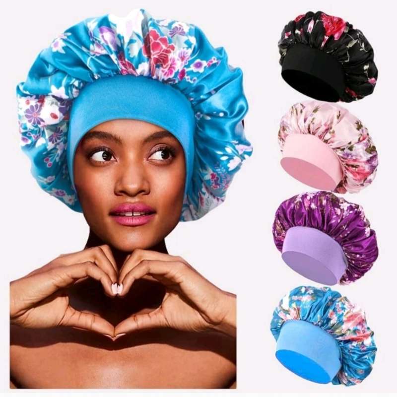 Women 4Pcs Satin Fabric Bonnet Silk Night Sleep Shower Cap Hair Head Covers
