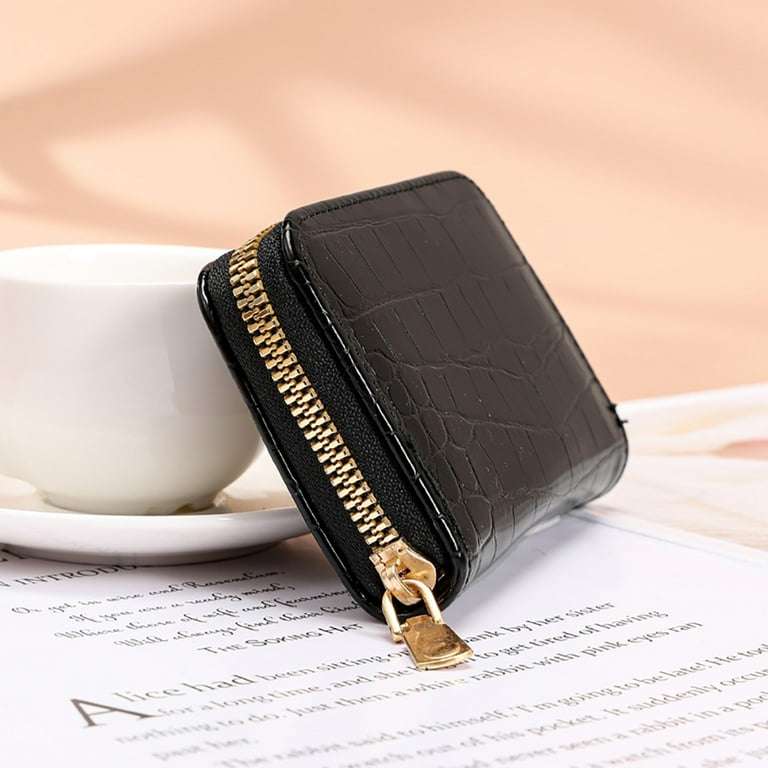 Women PU Leather Crocodile Wallet Business Zipper Holder Handbag (Black)