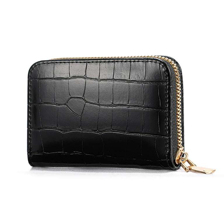 Women PU Leather Crocodile Wallet Business Zipper Holder Handbag (Black)