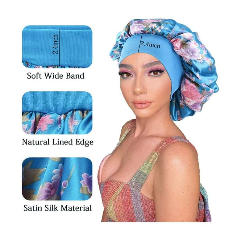 Women 4Pcs Satin Fabric Bonnet Silk Night Sleep Shower Cap Hair Head Covers