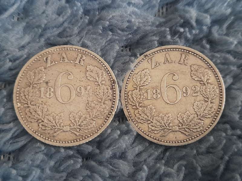 1892 and 1894 6d ZAR coins
