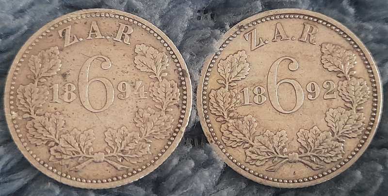 1892 and 1894 6d ZAR coins