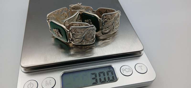 Beautiful Sterling Silver Bracelet with Green Stone and Marcasite