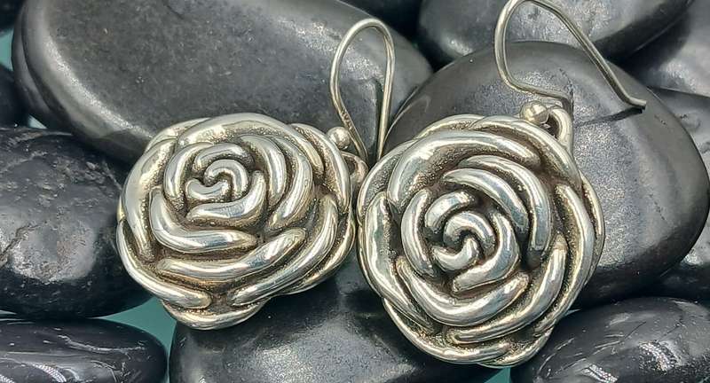 Sterling Silver Rose Flower Dangle Earrings