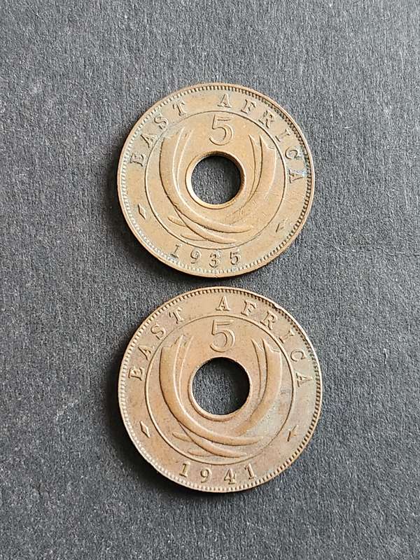 2 x East Africa 5 Cents 1935/1941 - as per photograph