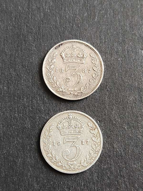 2 x UK Threepence 1887 and 1916 - as per photograph