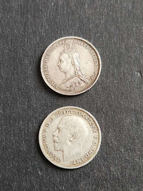 2 x UK Threepence 1887 and 1916 - as per photograph