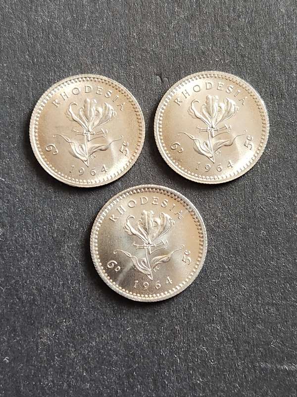 3 x Rhodesia 5 Cents 1964 EF+/UNC  - as per photograph
