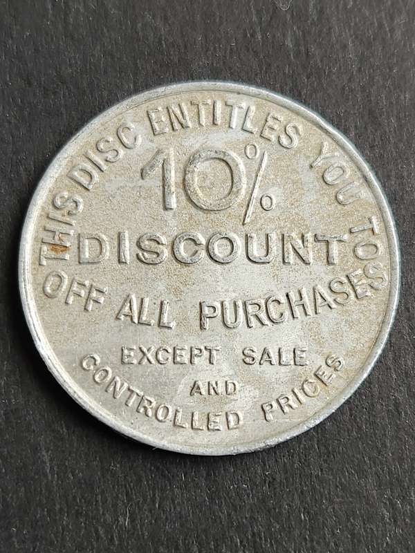 Paramount Stores President Street of Johannesburg 10% discount Aliminium Token - as per photograph