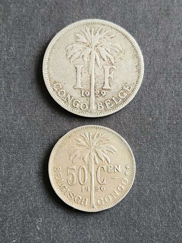 Belgium Congo One Franc 1929 and 50 Centimes 1926 - as per photograph