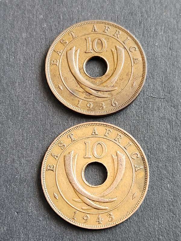 2 x East Africa 10 Cents 1936/1943 - as per photograph