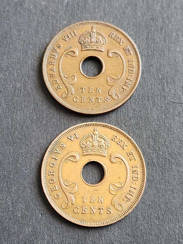 2 x East Africa 10 Cents 1936/1943 - as per photograph