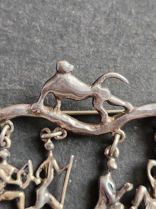 Vintage Art Decor Brooch 12.5g Silver with 4 Charms - as per photograph