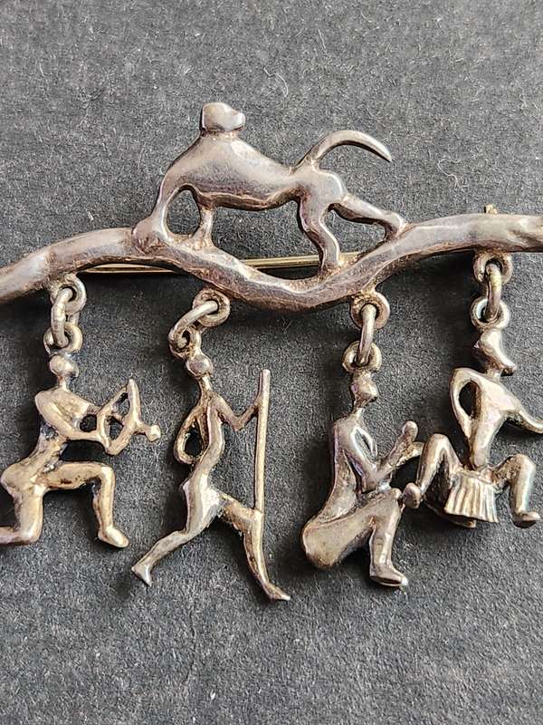 Vintage Art Decor Brooch 12.5g Silver with 4 Charms - as per photograph