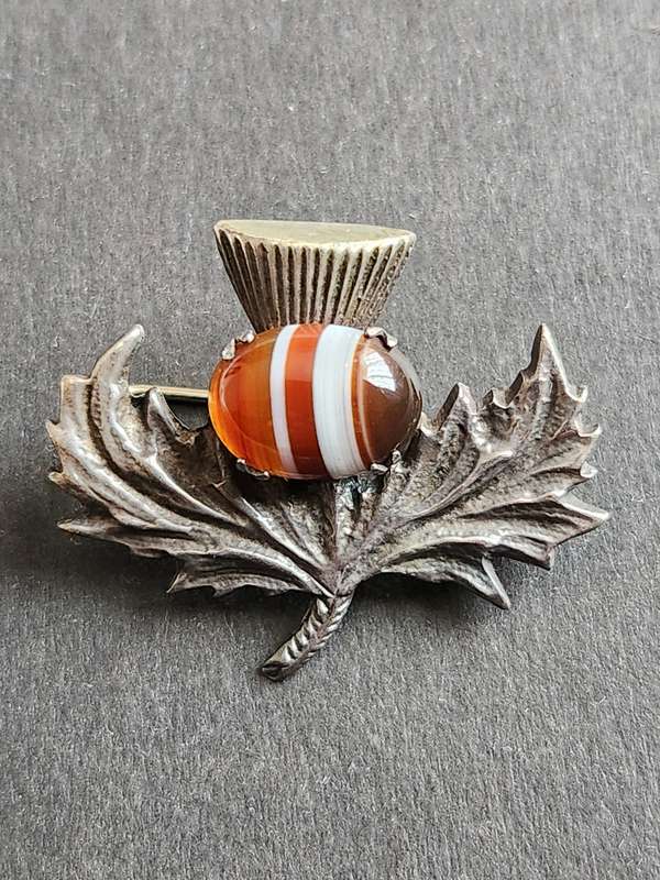 Vintage Robert Allison Scottish Hallmark Silver Tistle Brooch with Citrine Celtic 11.2g