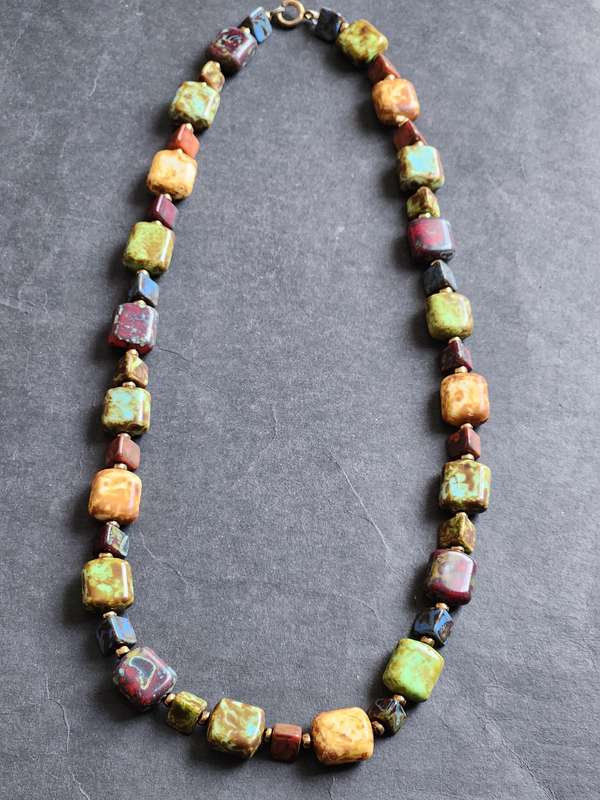 Vintage Glass Speckle Scottish Faux Agate Necklace Autumn Colour Cube Beads - as per photograph