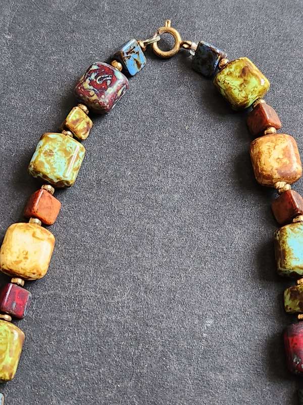 Vintage Glass Speckle Scottish Faux Agate Necklace Autumn Colour Cube Beads - as per photograph