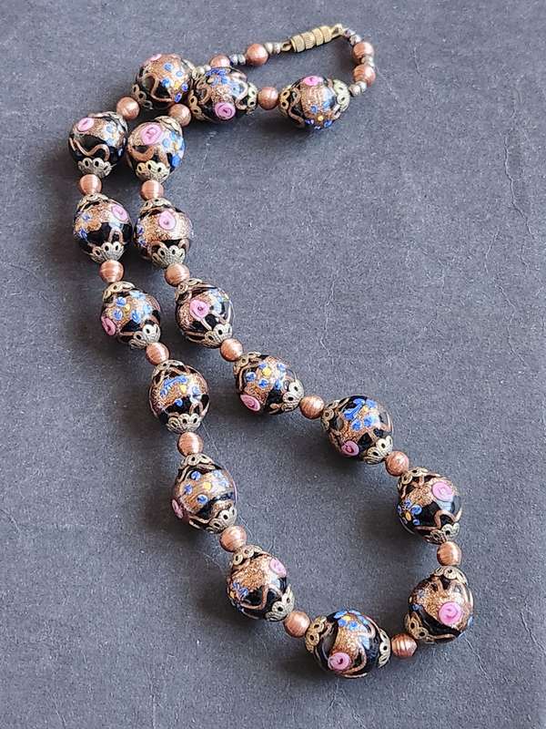 Vintage Black Venetian Murano Wedding Cake Bead Necklace 71.7g - as per photograph
