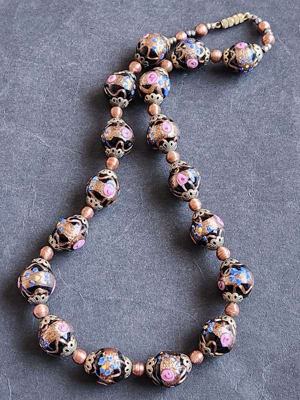 Vintage Black Venetian Murano Wedding Cake Bead Necklace 71.7g - as per photograph