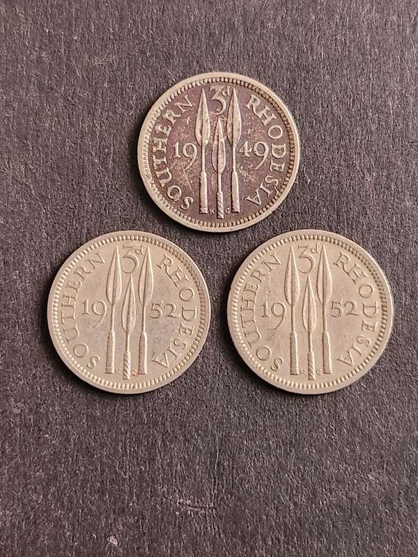 3 x Southern Rhodesia Threepence 1949 and 2 by 1952 - as per photograph
