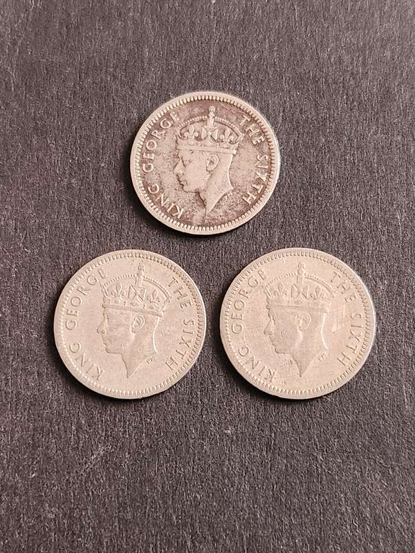3 x Southern Rhodesia Threepence 1949 and 2 by 1952 - as per photograph