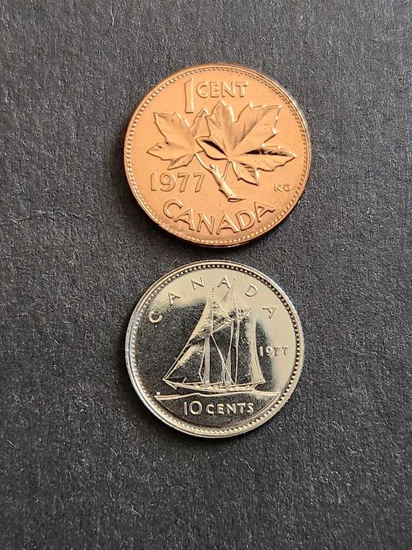 Canada 1 and 10 Cents 1977 BU - as per photograph