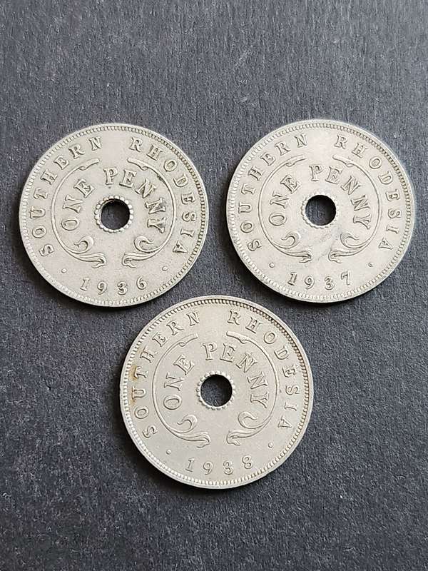 3 x Southern Rhodesia One Pennies 1936/1937/1938 - as per photograph