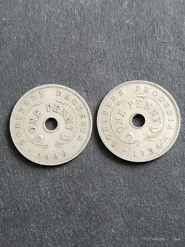 2 x Southern Rhodesia One Pennies 1935/1946 - as per photograph