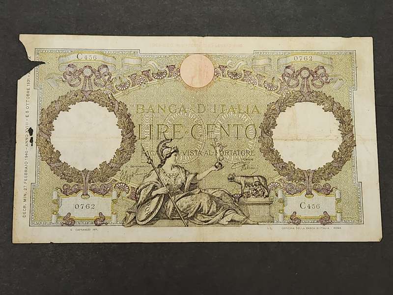 Italy 100 Lire Note 27 February 1940 (tears/folds) - as per photograph