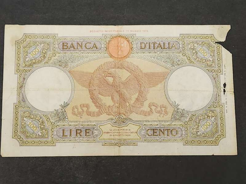 Italy 100 Lire Note 27 February 1940 (tears/folds) - as per photograph