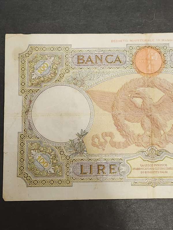 Italy 100 Lire Note 27 February 1940 (tears/folds) - as per photograph