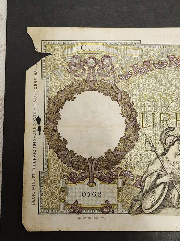 Italy 100 Lire Note 27 February 1940 (tears/folds) - as per photograph