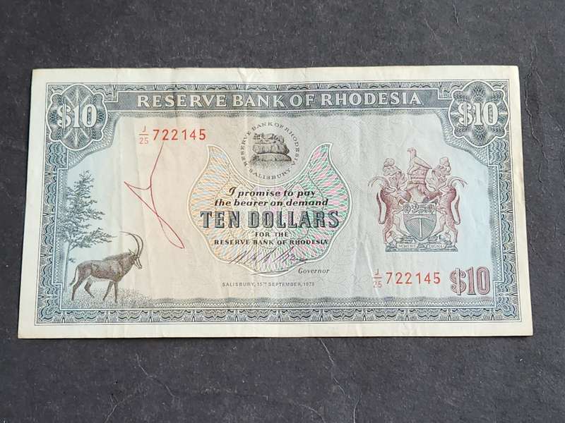Reserve Bank of Rhodesia 10 Dollars Salisbury 15 September 1975 Rhodes Watermark- as per photograph