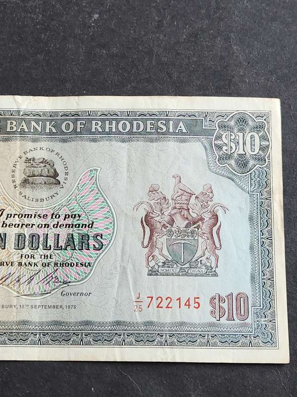 Reserve Bank of Rhodesia 10 Dollars Salisbury 15 September 1975 Rhodes Watermark- as per photograph