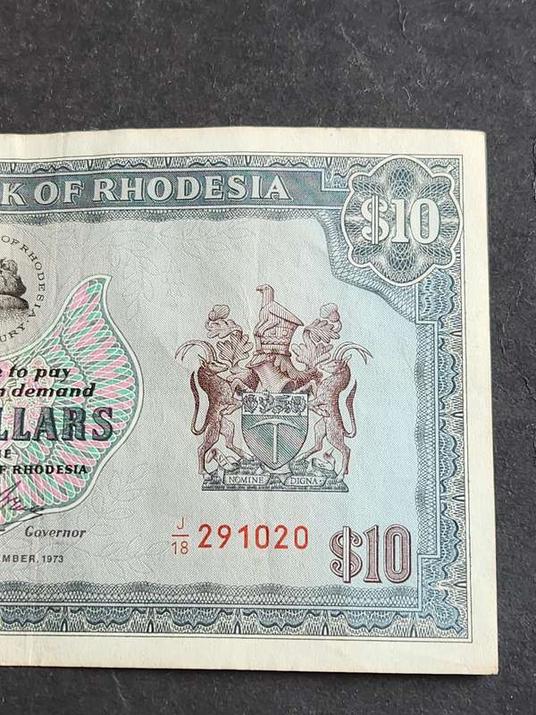 Reserve Bank of Rhodesia 10 Dollars Salisbury 20 November 1973 Rhodes Watermark - nice condition
