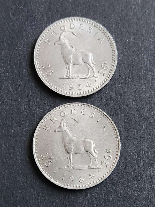 2 x Rhodesia 25 Cents 1964 EF+/UNC