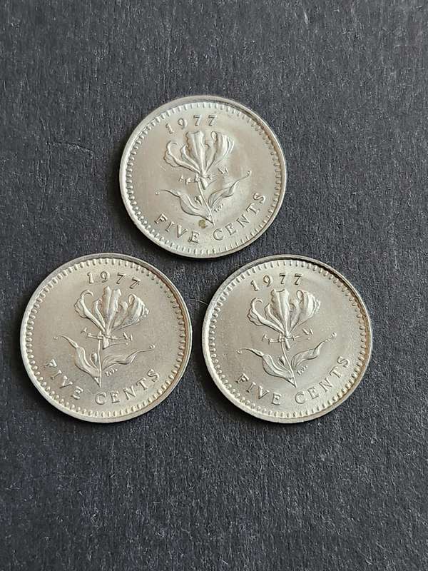 3 x Rhodesia 5 Cents 1977 (nice condition)