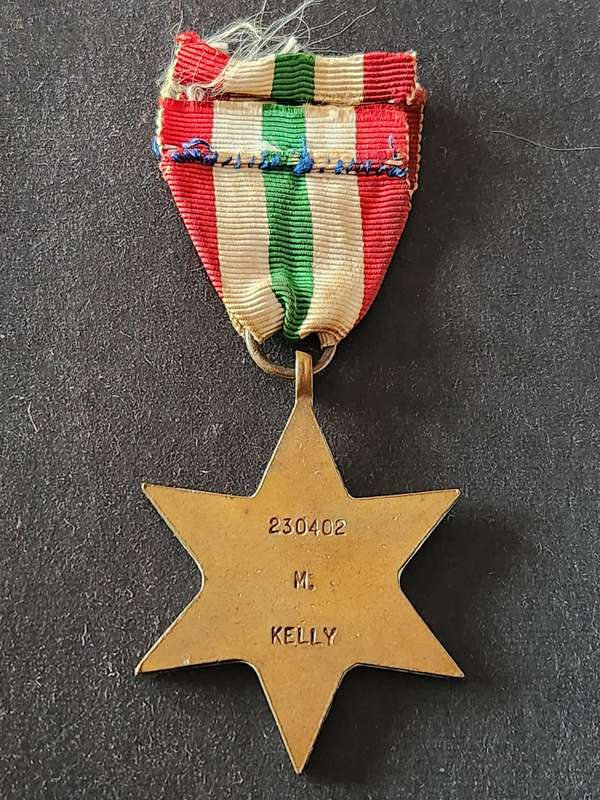 WW2 Italy Star Medal issued to M Kelly no. 230 402