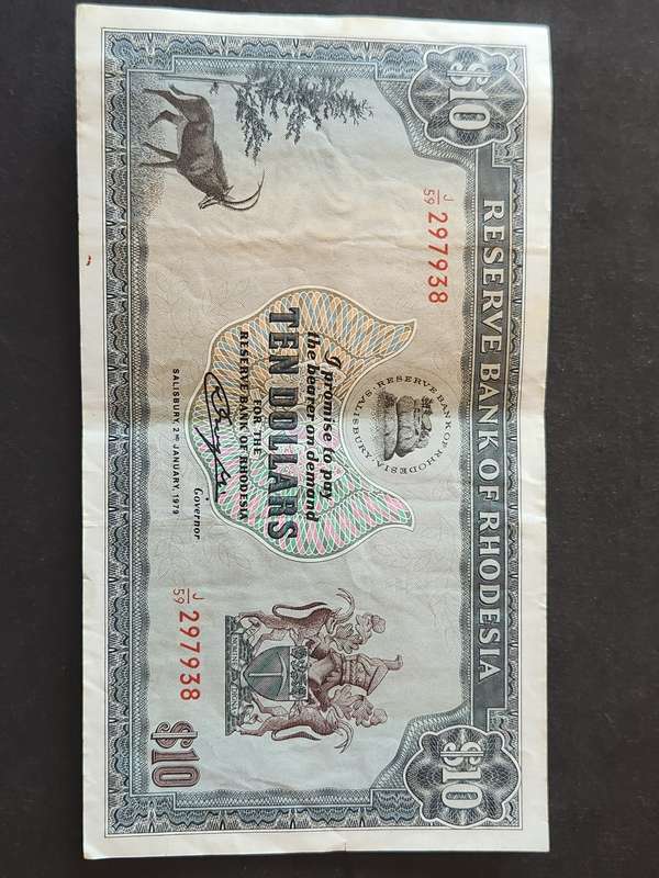 Reserve Bank of Rhodesia 10 Dollars Salisbury 2 January 1979 Bird Watermark