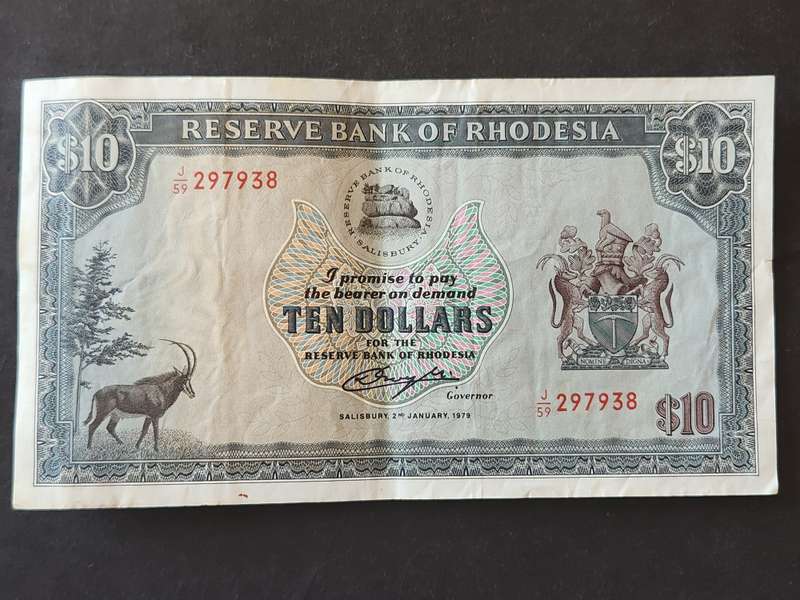 Reserve Bank of Rhodesia 10 Dollars Salisbury 2 January 1979 Bird Watermark