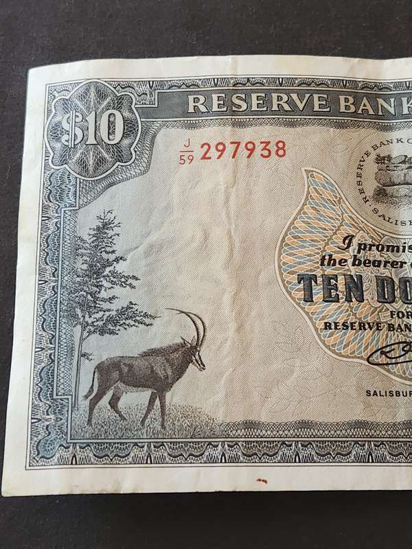 Reserve Bank of Rhodesia 10 Dollars Salisbury 2 January 1979 Bird Watermark