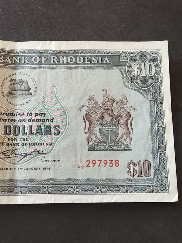 Reserve Bank of Rhodesia 10 Dollars Salisbury 2 January 1979 Bird Watermark